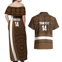 Bula Fiji Football Custom Couples Matching Off Shoulder Maxi Dress and Hawaiian Shirt One Vanua One Team Tapa Pattern