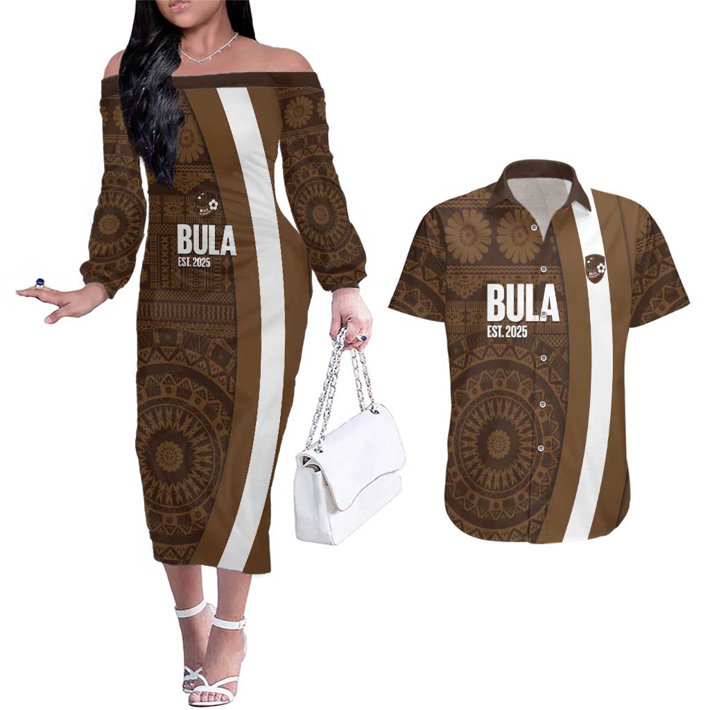 Bula Fiji Football Custom Couples Matching Off The Shoulder Long Sleeve Dress and Hawaiian Shirt One Vanua One Team Tapa Pattern LT14 Brown - Polynesian Pride