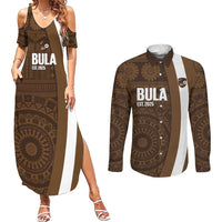 Bula Fiji Football Custom Couples Matching Summer Maxi Dress and Long Sleeve Button Shirt One Vanua One Team Tapa Pattern LT14 Brown - Polynesian Pride