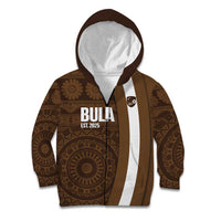 Bula Fiji Football Custom Kid Hoodie One Vanua One Team Tapa Pattern LT14 Zip Hoodie Brown - Polynesian Pride