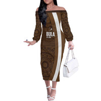 Bula Fiji Football Custom Off The Shoulder Long Sleeve Dress One Vanua One Team Tapa Pattern LT14 Women Brown - Polynesian Pride