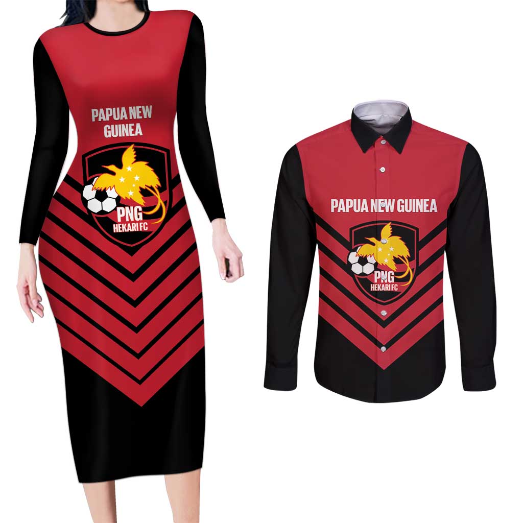 Hekari Papua New Guinea Football Custom Couples Matching Long Sleeve Bodycon Dress and Long Sleeve Button Shirt Go PNG Red Army LT14 Red - Polynesian Pride