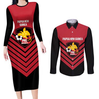 Hekari Papua New Guinea Football Custom Couples Matching Long Sleeve Bodycon Dress and Long Sleeve Button Shirt Go PNG Red Army LT14 Red - Polynesian Pride