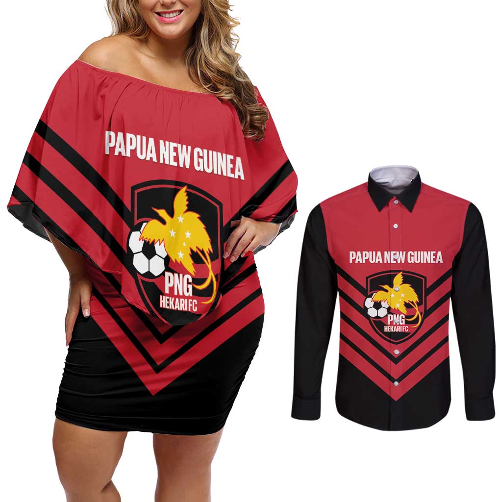 Hekari Papua New Guinea Football Custom Couples Matching Off Shoulder Short Dress and Long Sleeve Button Shirt Go PNG Red Army