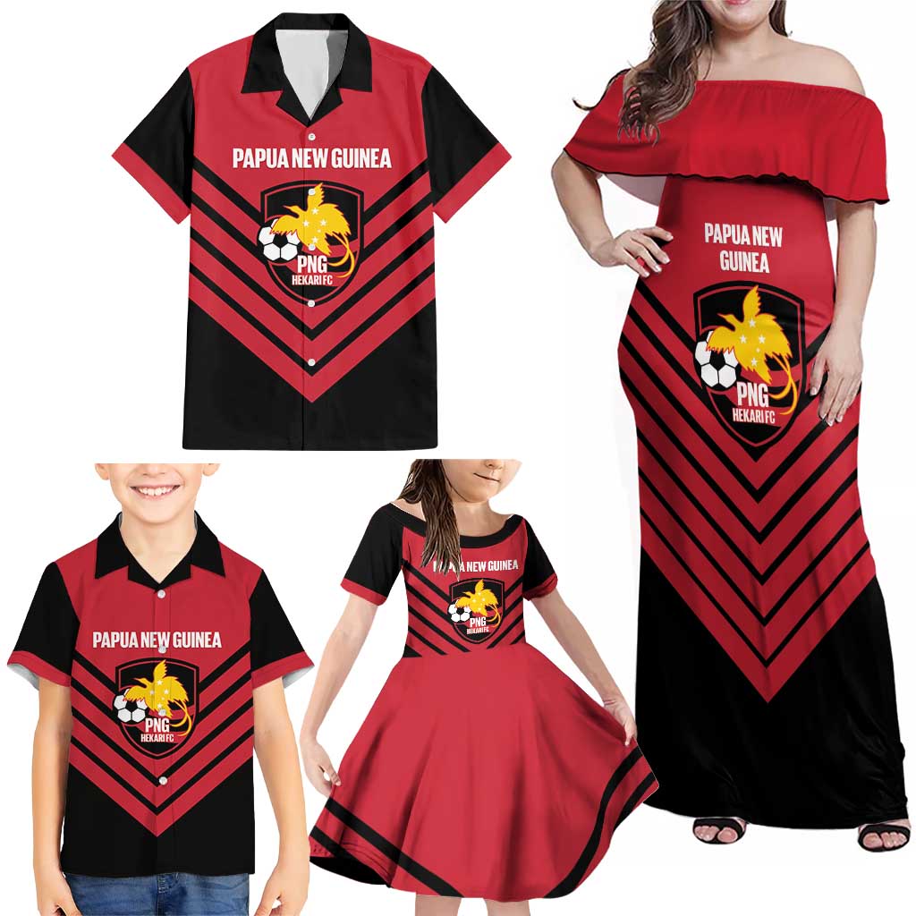 Hekari Papua New Guinea Football Custom Family Matching Off Shoulder Maxi Dress and Hawaiian Shirt Go PNG Red Army
