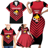 Hekari Papua New Guinea Football Custom Family Matching Short Sleeve Bodycon Dress and Hawaiian Shirt Go PNG Red Army LT14 - Polynesian Pride