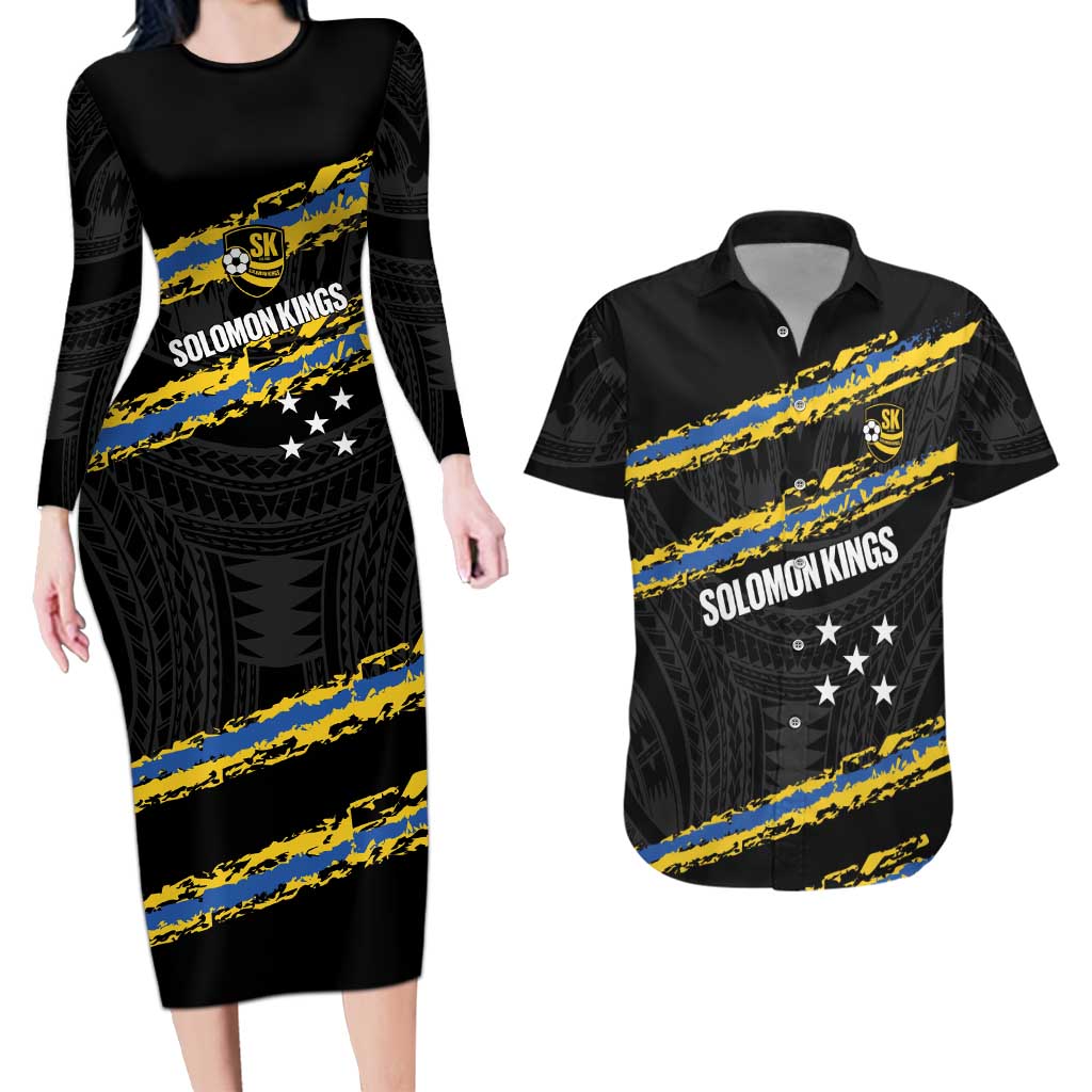 Kings Solomon Islands Football Custom Couples Matching Long Sleeve Bodycon Dress and Hawaiian Shirt Come On Solomons Polynesian Grunge Style