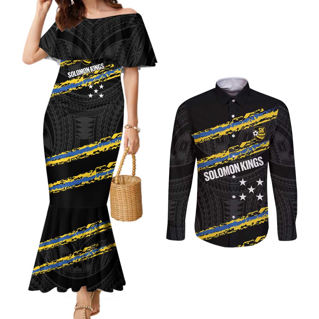 Kings Solomon Islands Football Custom Couples Matching Mermaid Dress and Long Sleeve Button Shirt Come On Solomons Polynesian Grunge Style