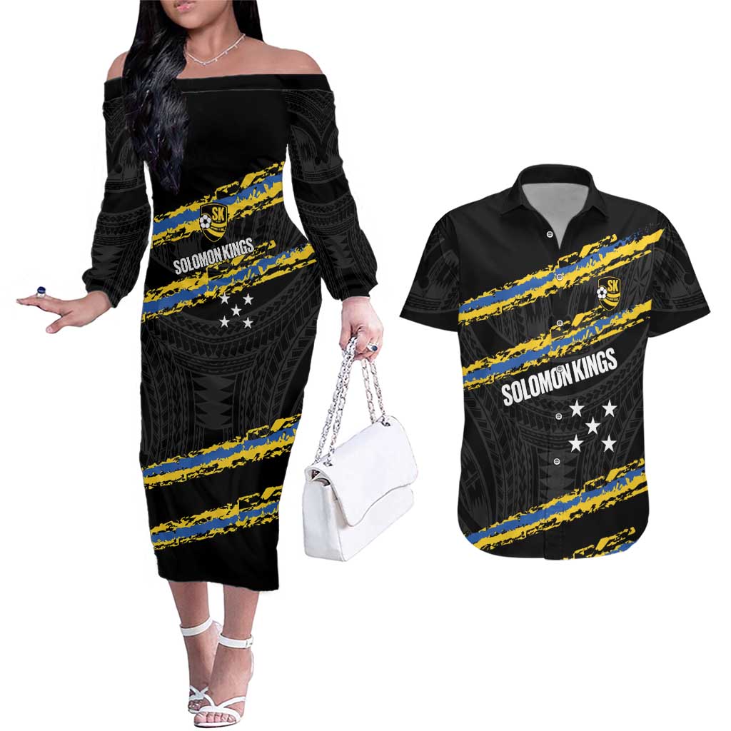 Kings Solomon Islands Football Custom Couples Matching Off The Shoulder Long Sleeve Dress and Hawaiian Shirt Come On Solomons Polynesian Grunge Style