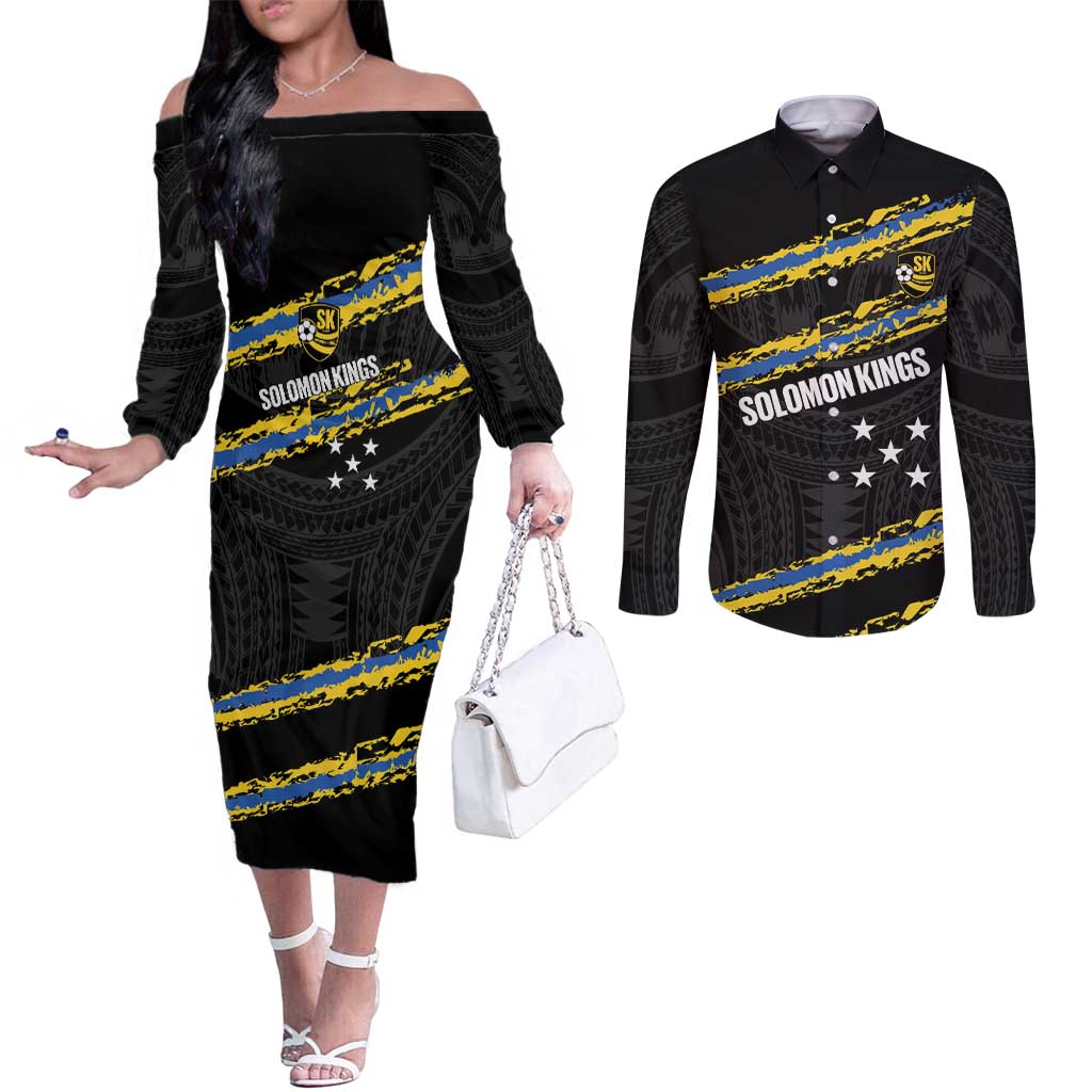 Kings Solomon Islands Football Custom Couples Matching Off The Shoulder Long Sleeve Dress and Long Sleeve Button Shirt Come On Solomons Polynesian Grunge Style