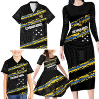 Kings Solomon Islands Football Custom Family Matching Long Sleeve Bodycon Dress and Hawaiian Shirt Come On Solomons Polynesian Grunge Style
