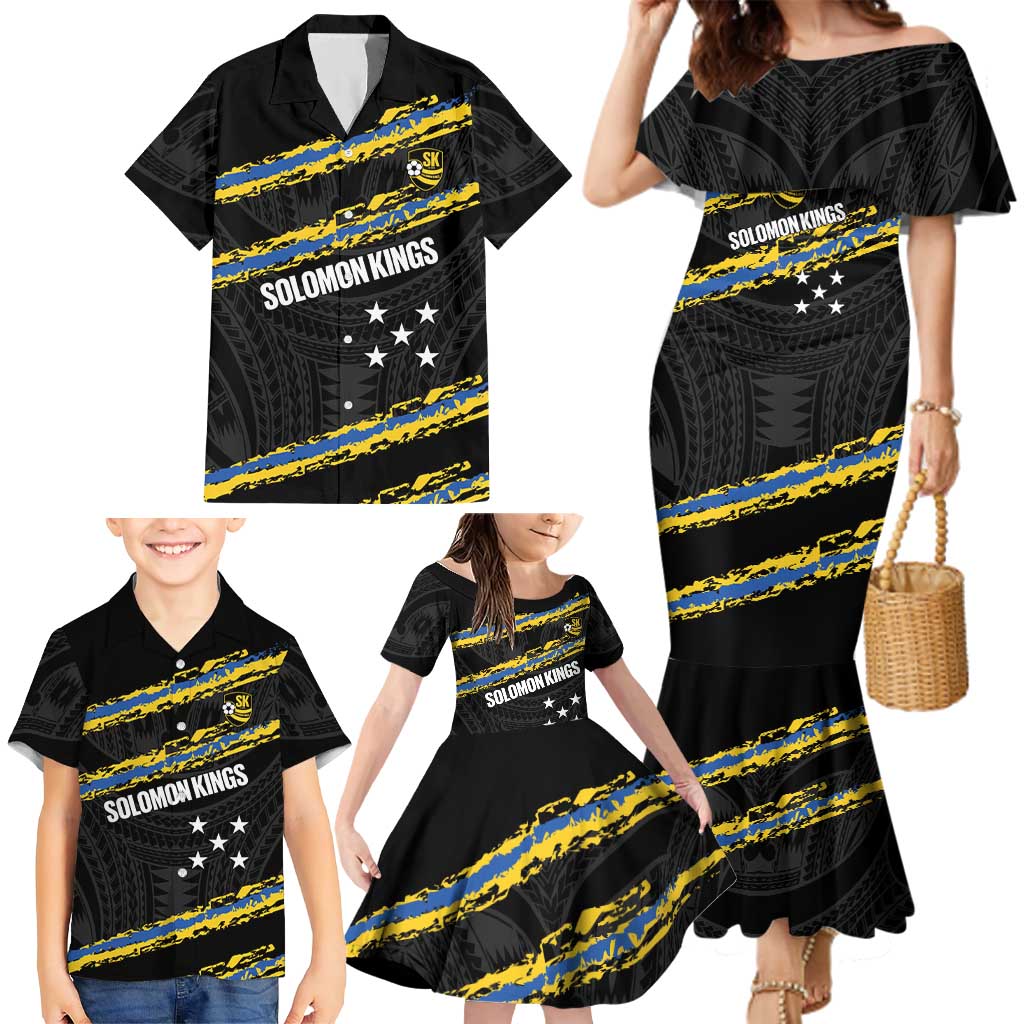 Kings Solomon Islands Football Custom Family Matching Mermaid Dress and Hawaiian Shirt Come On Solomons Polynesian Grunge Style