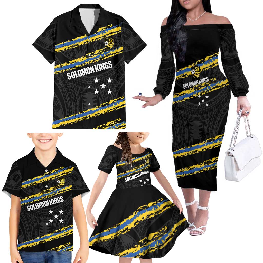 Kings Solomon Islands Football Custom Family Matching Off The Shoulder Long Sleeve Dress and Hawaiian Shirt Come On Solomons Polynesian Grunge Style
