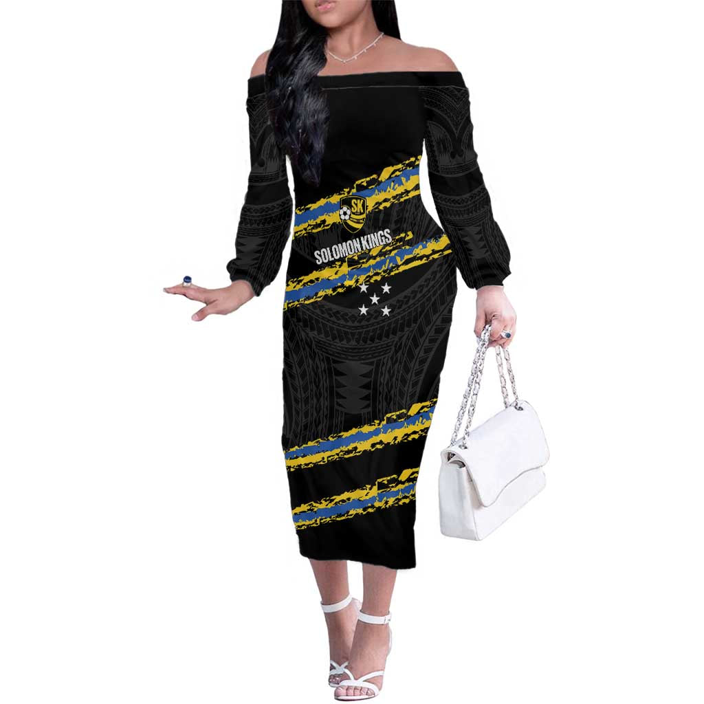 Kings Solomon Islands Football Custom Family Matching Off The Shoulder Long Sleeve Dress and Hawaiian Shirt Come On Solomons Polynesian Grunge Style