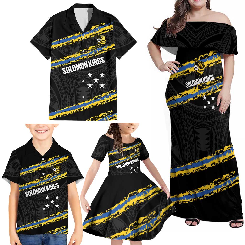 Kings Solomon Islands Football Custom Family Matching Off Shoulder Maxi Dress and Hawaiian Shirt Come On Solomons Polynesian Grunge Style