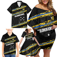 Kings Solomon Islands Football Custom Family Matching Off Shoulder Short Dress and Hawaiian Shirt Come On Solomons Polynesian Grunge Style