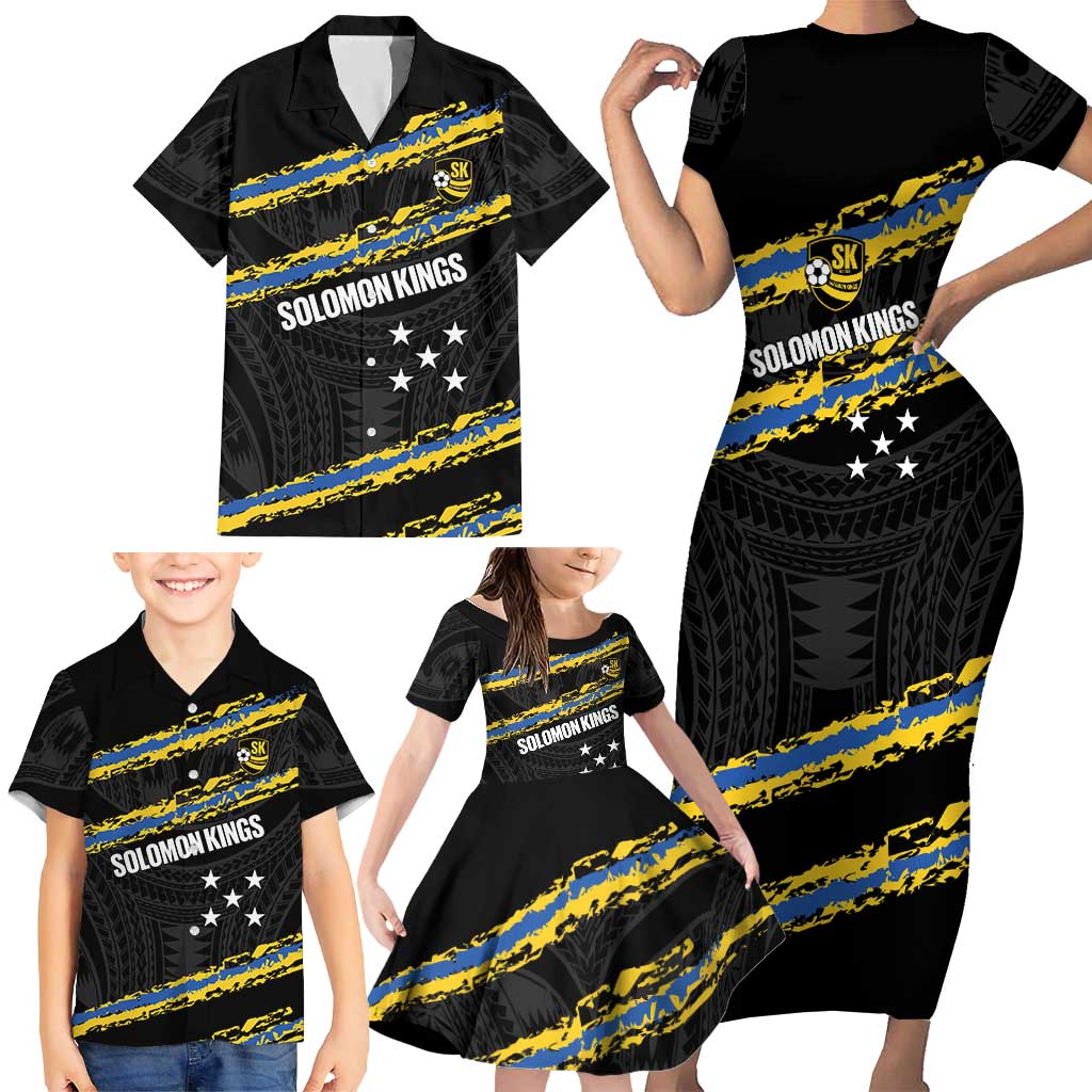 Kings Solomon Islands Football Custom Family Matching Short Sleeve Bodycon Dress and Hawaiian Shirt Come On Solomons Polynesian Grunge Style