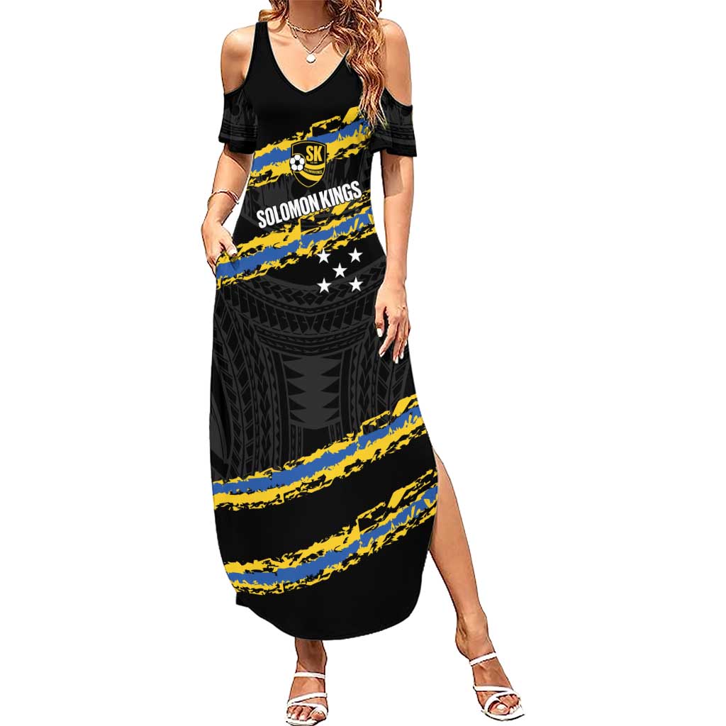 Kings Solomon Islands Football Custom Summer Maxi Dress Come On Solomons Polynesian Grunge Style LT14 Women Black - Polynesian Pride