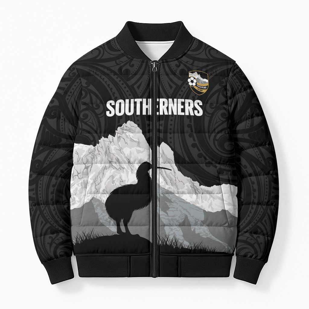 New Zealand South Island Football Custom Bomber Puffer Jacket Aoraki Mount Cook With Kiwi Maori Pattern