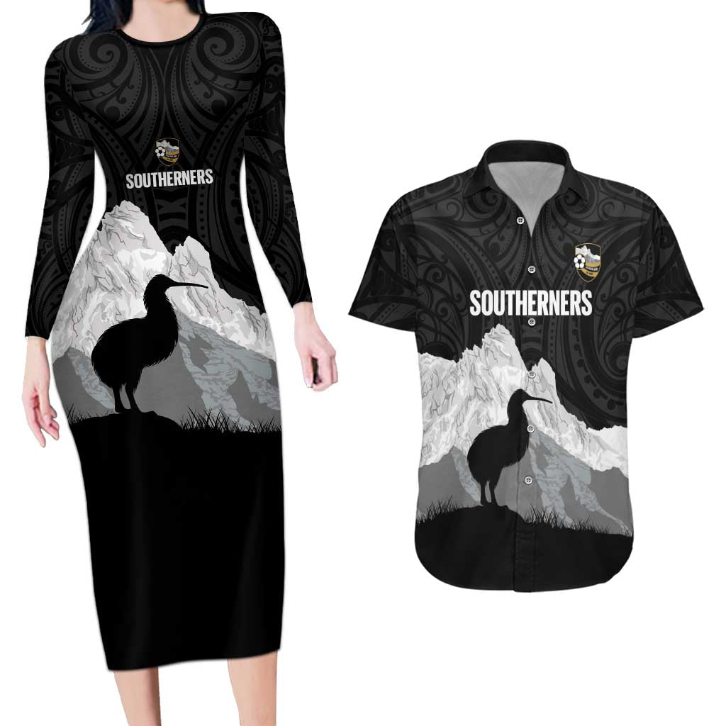 New Zealand South Island Football Custom Couples Matching Long Sleeve Bodycon Dress and Hawaiian Shirt Aoraki Mount Cook With Kiwi Maori Pattern