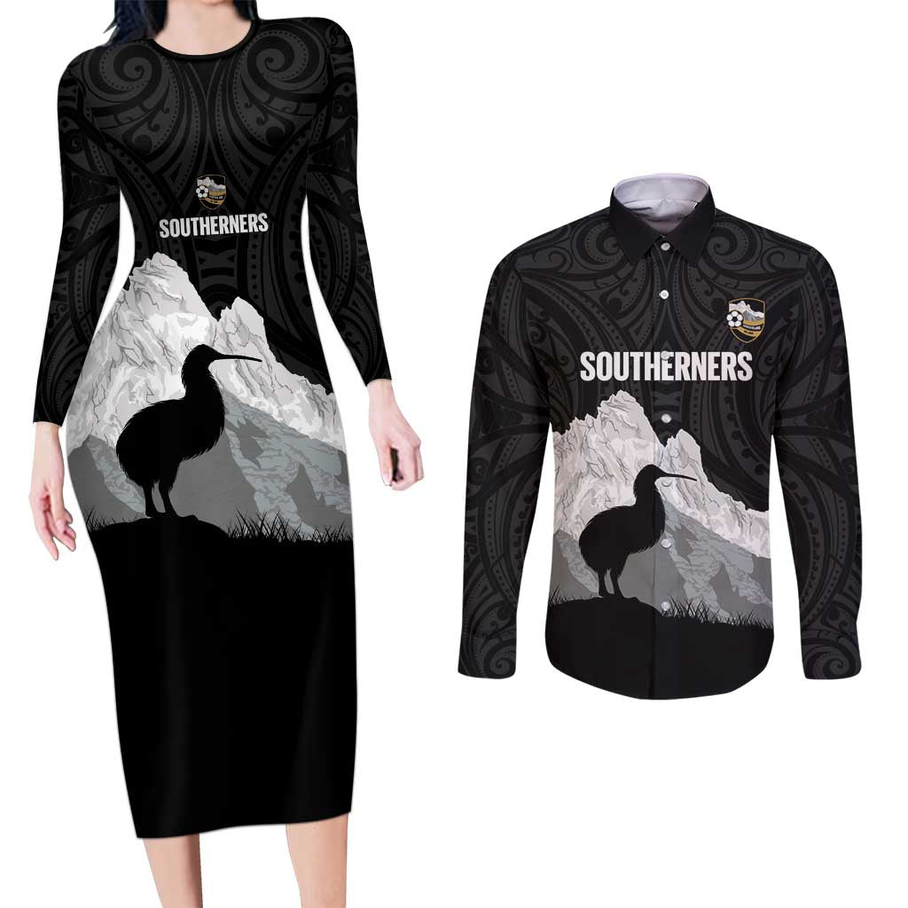 New Zealand South Island Football Custom Couples Matching Long Sleeve Bodycon Dress and Long Sleeve Button Shirt Aoraki Mount Cook With Kiwi Maori Pattern LT14 Black - Polynesian Pride