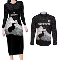 New Zealand South Island Football Custom Couples Matching Long Sleeve Bodycon Dress and Long Sleeve Button Shirt Aoraki Mount Cook With Kiwi Maori Pattern LT14 Black - Polynesian Pride