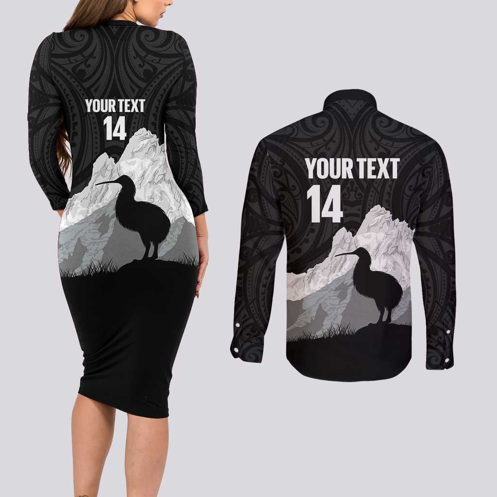 New Zealand South Island Football Custom Couples Matching Long Sleeve Bodycon Dress and Long Sleeve Button Shirt Aoraki Mount Cook With Kiwi Maori Pattern LT14 - Polynesian Pride