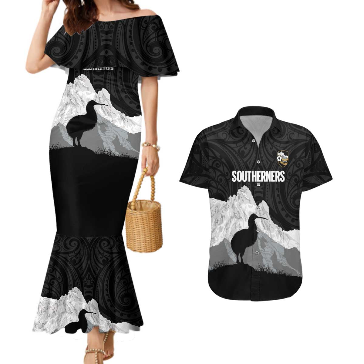 New Zealand South Island Football Custom Couples Matching Mermaid Dress and Hawaiian Shirt Aoraki Mount Cook With Kiwi Maori Pattern
