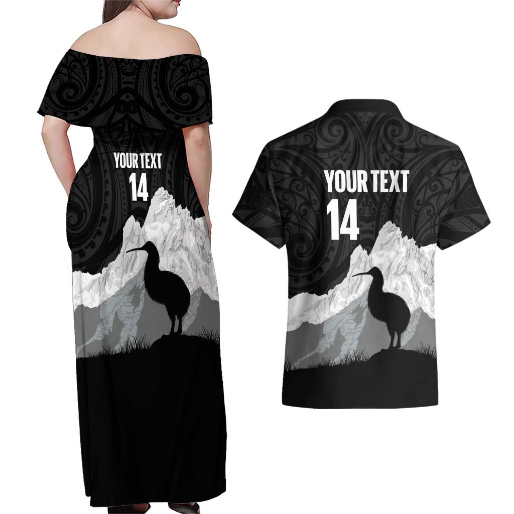 New Zealand South Island Football Custom Couples Matching Off Shoulder Maxi Dress and Hawaiian Shirt Aoraki Mount Cook With Kiwi Maori Pattern