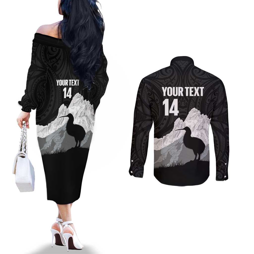 New Zealand South Island Football Custom Couples Matching Off The Shoulder Long Sleeve Dress and Long Sleeve Button Shirt Aoraki Mount Cook With Kiwi Maori Pattern LT14 - Polynesian Pride