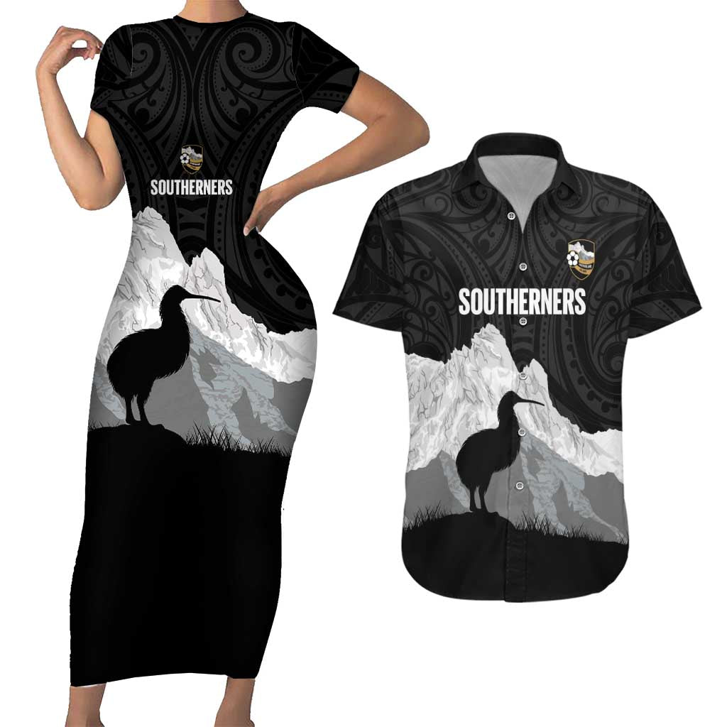 New Zealand South Island Football Custom Couples Matching Short Sleeve Bodycon Dress and Hawaiian Shirt Aoraki Mount Cook With Kiwi Maori Pattern