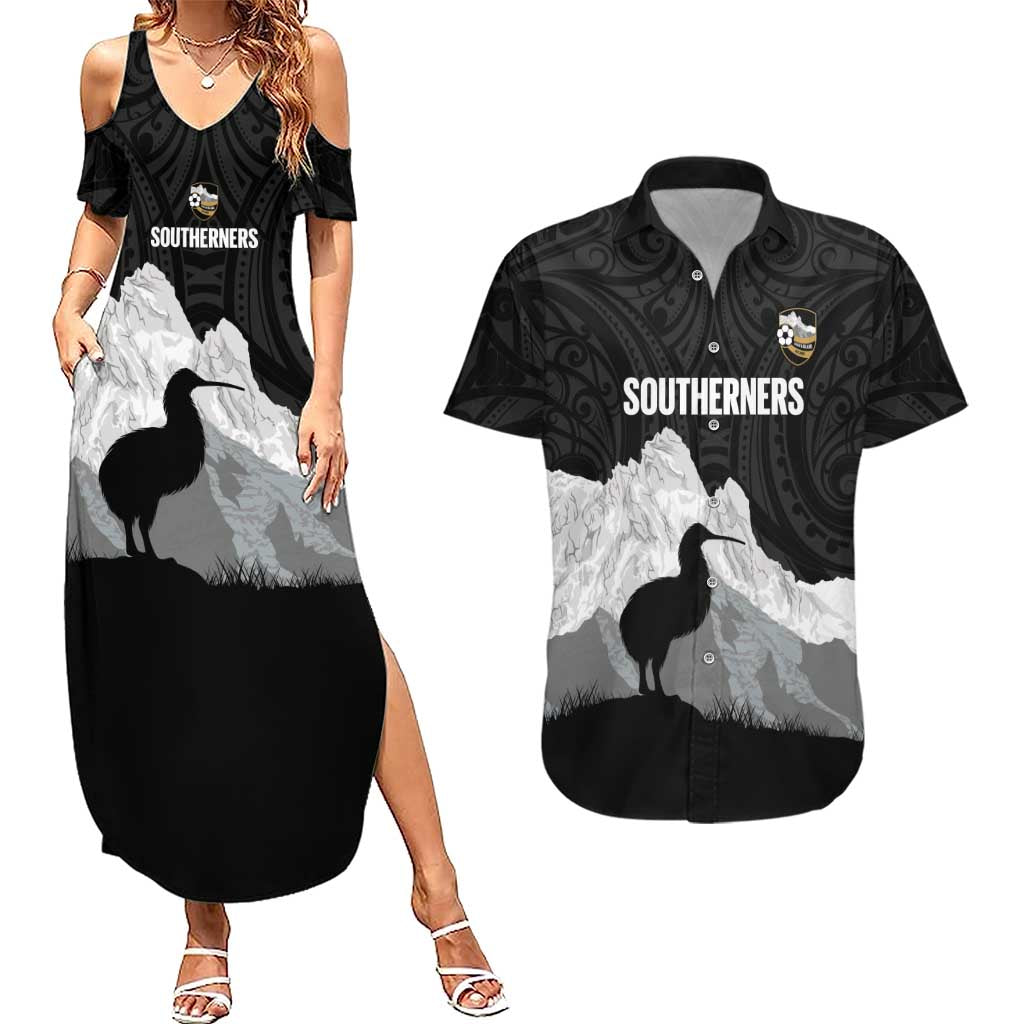 New Zealand South Island Football Custom Couples Matching Summer Maxi Dress and Hawaiian Shirt Aoraki Mount Cook With Kiwi Maori Pattern LT14 Black - Polynesian Pride
