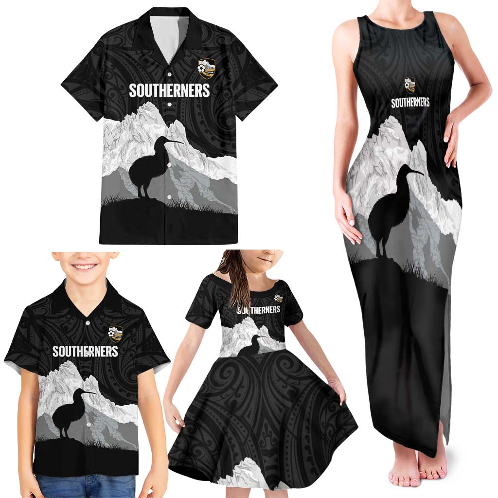 New Zealand South Island Football Custom Family Matching Tank Maxi Dress and Hawaiian Shirt Aoraki Mount Cook With Kiwi Maori Pattern