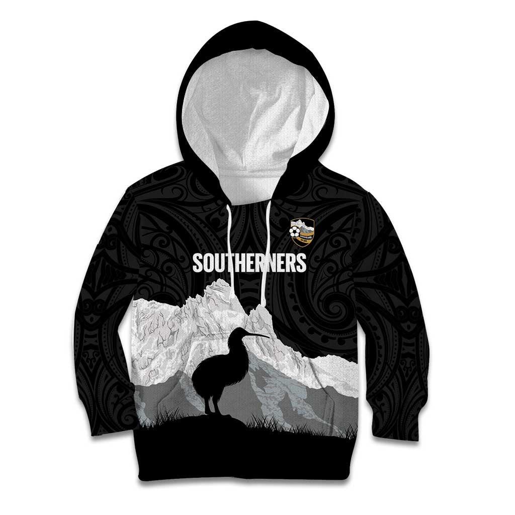New Zealand South Island Football Custom Kid Hoodie Aoraki Mount Cook With Kiwi Maori Pattern LT14 Hoodie Black - Polynesian Pride
