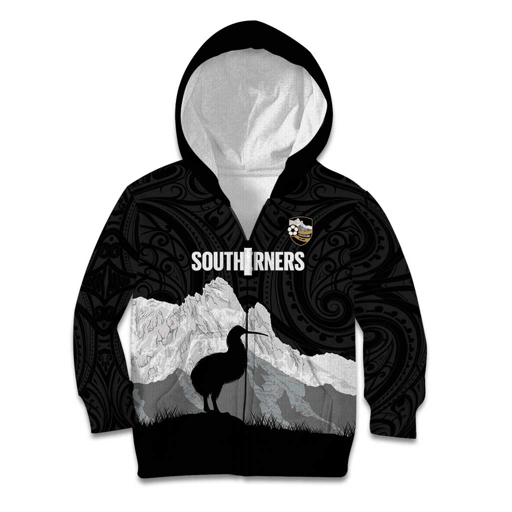 New Zealand South Island Football Custom Kid Hoodie Aoraki Mount Cook With Kiwi Maori Pattern LT14 Zip Hoodie Black - Polynesian Pride