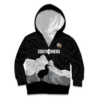 New Zealand South Island Football Custom Kid Hoodie Aoraki Mount Cook With Kiwi Maori Pattern LT14 Zip Hoodie Black - Polynesian Pride