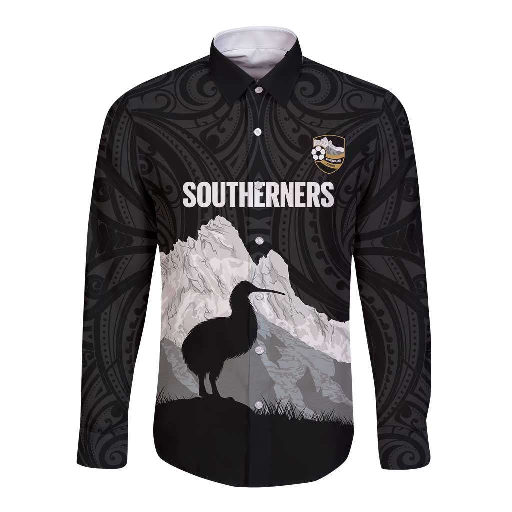 New Zealand South Island Football Custom Long Sleeve Button Shirt Aoraki Mount Cook With Kiwi Maori Pattern