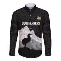New Zealand South Island Football Custom Long Sleeve Button Shirt Aoraki Mount Cook With Kiwi Maori Pattern