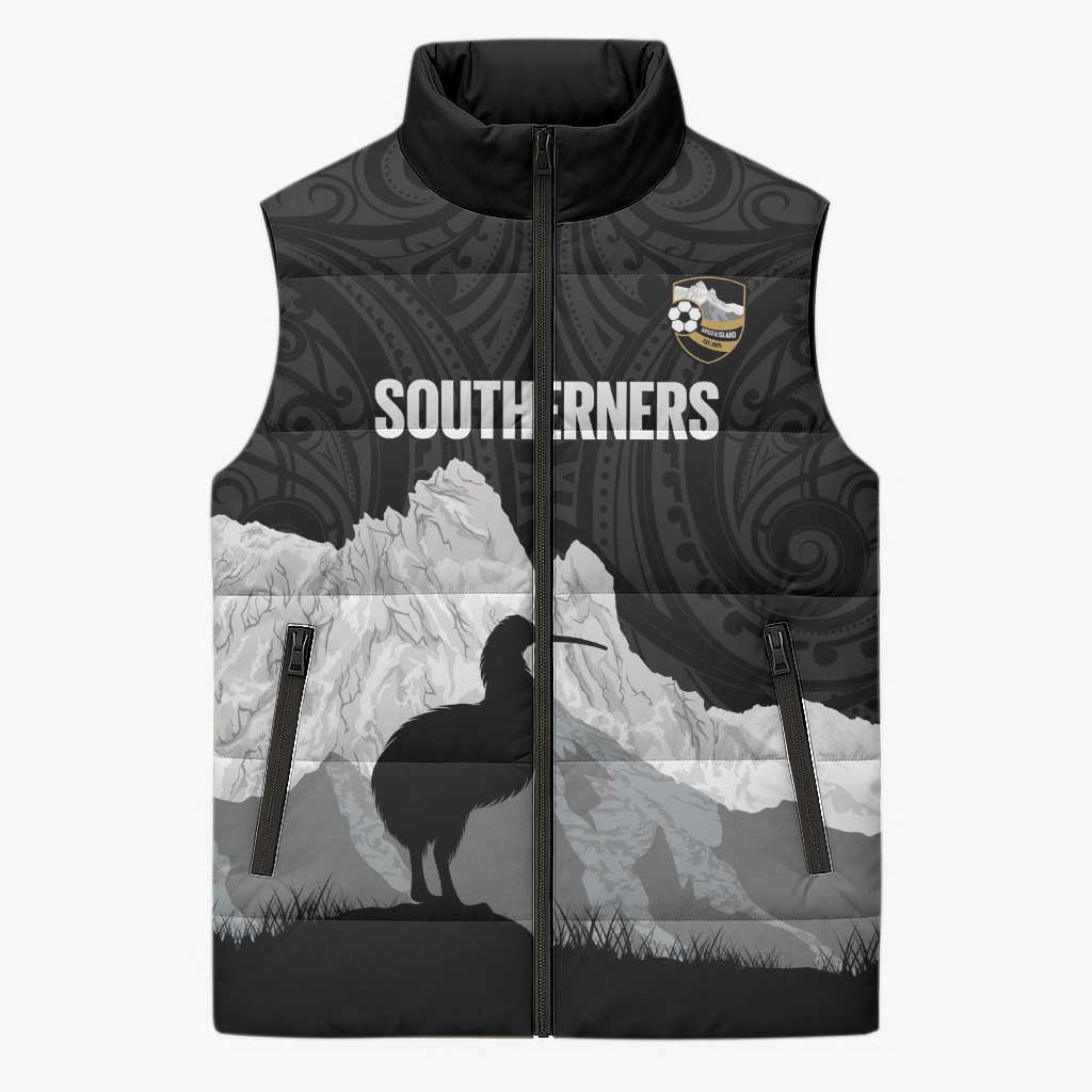 New Zealand South Island Football Custom Sleeveless Puffer Jacket Aoraki Mount Cook With Kiwi Maori Pattern