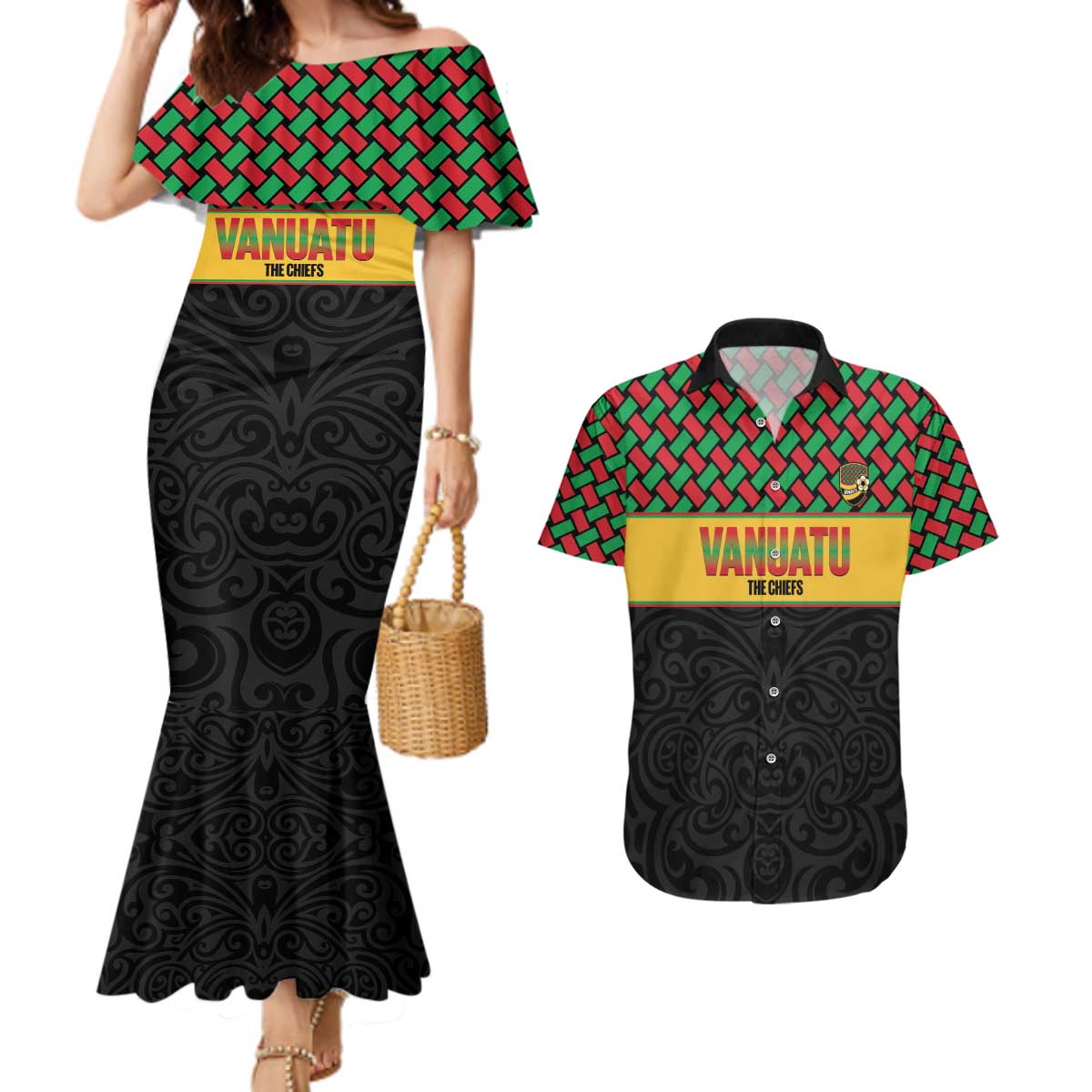 Vanuatu Football Custom Couples Matching Mermaid Dress and Hawaiian Shirt Go Chiefs Basket-weave Pattern