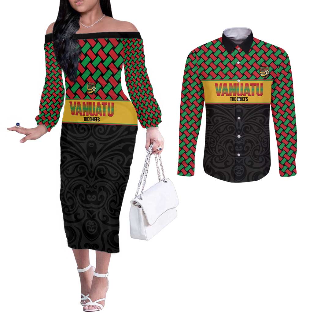 Vanuatu Football Custom Couples Matching Off The Shoulder Long Sleeve Dress and Long Sleeve Button Shirt Go Chiefs Basket-weave Pattern