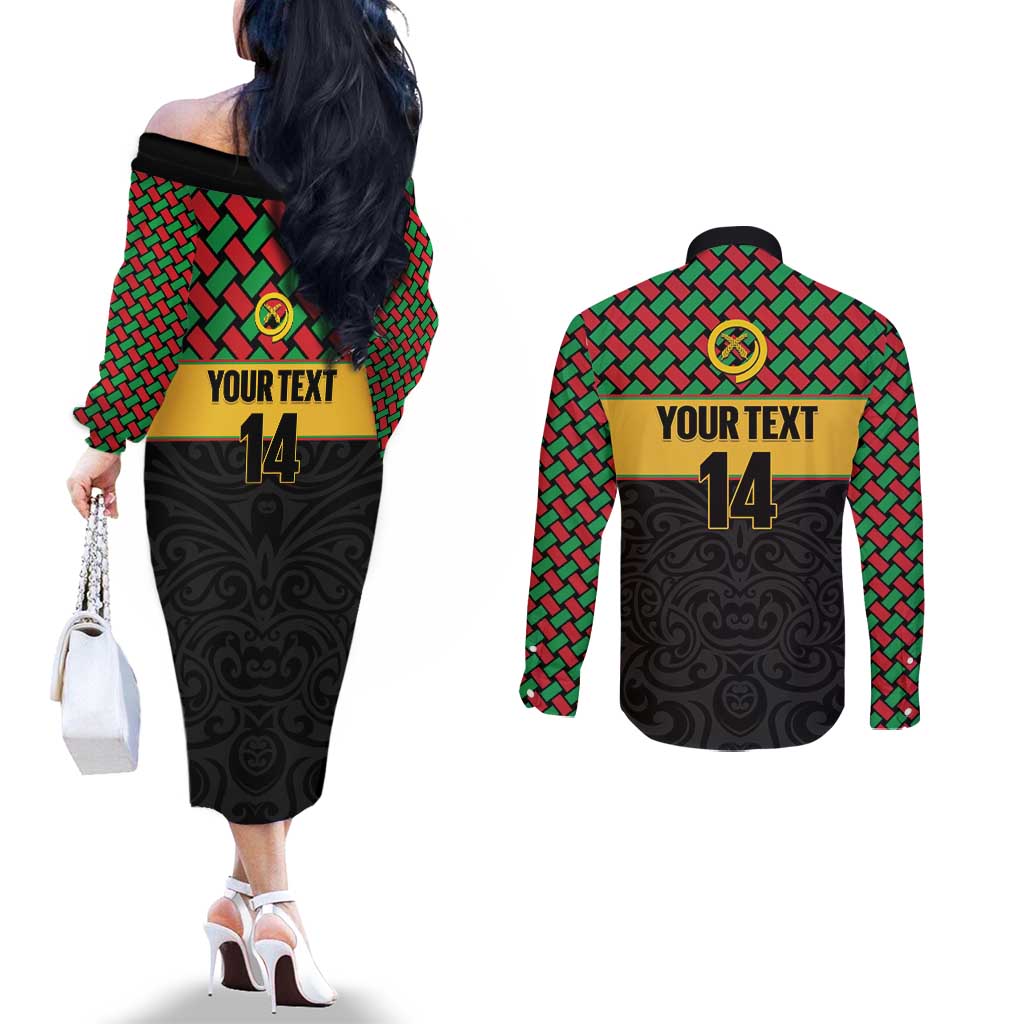 Vanuatu Football Custom Couples Matching Off The Shoulder Long Sleeve Dress and Long Sleeve Button Shirt Go Chiefs Basket-weave Pattern