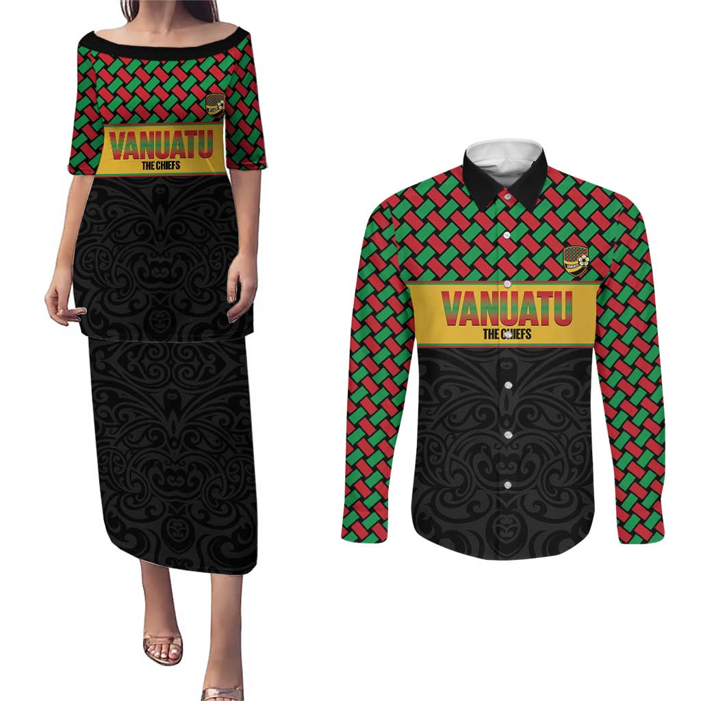 Vanuatu Football Custom Couples Matching Puletasi and Long Sleeve Button Shirt Go Chiefs Basket-weave Pattern