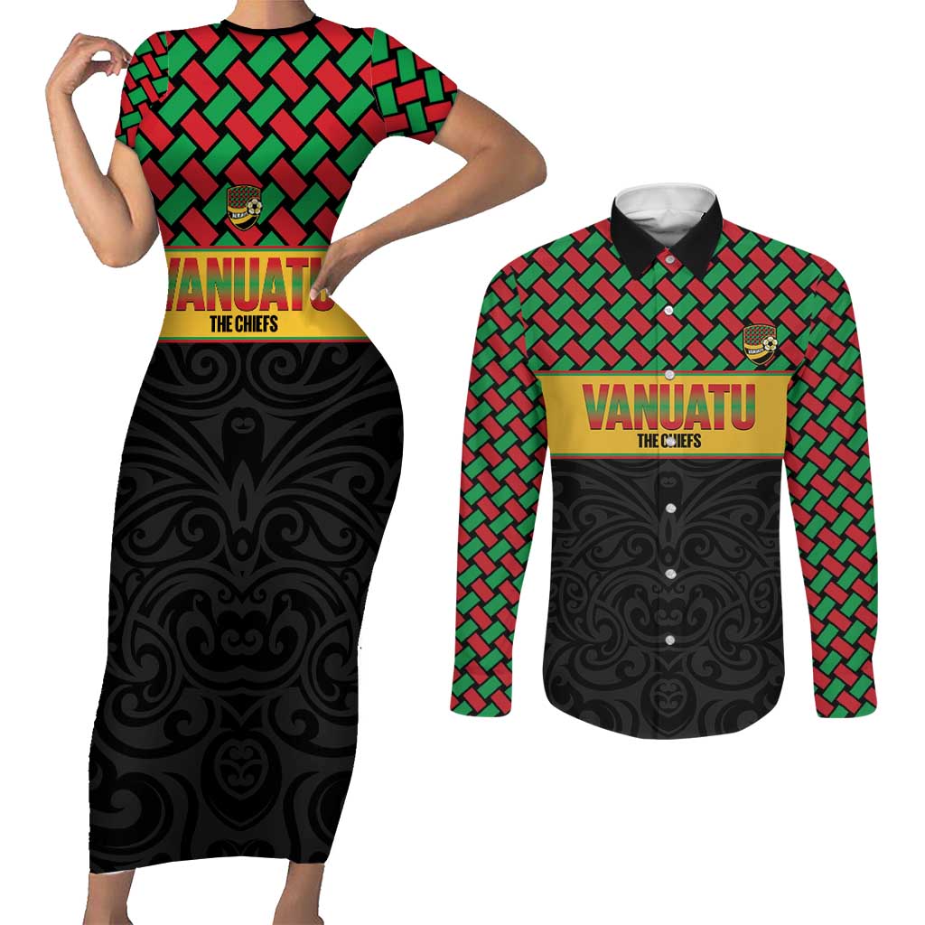 Vanuatu Football Custom Couples Matching Short Sleeve Bodycon Dress and Long Sleeve Button Shirt Go Chiefs Basket-weave Pattern