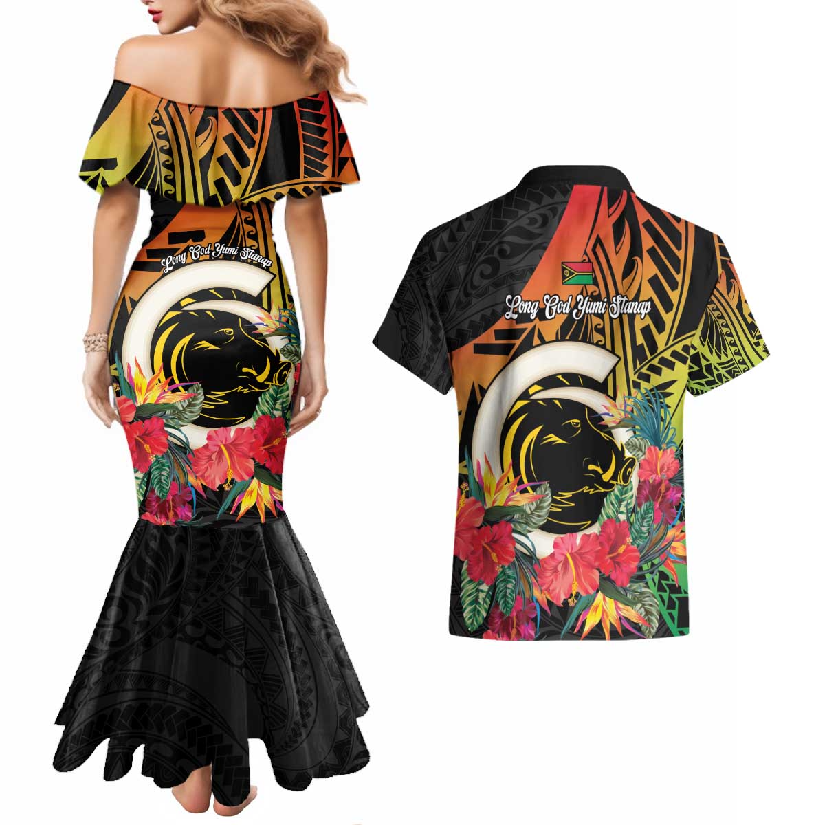 Vanuatu Boar Tusk Yumi Yumi Yumi Couples Matching Mermaid Dress and Hawaiian Shirt Independens Dei Long God Yumi Stanap