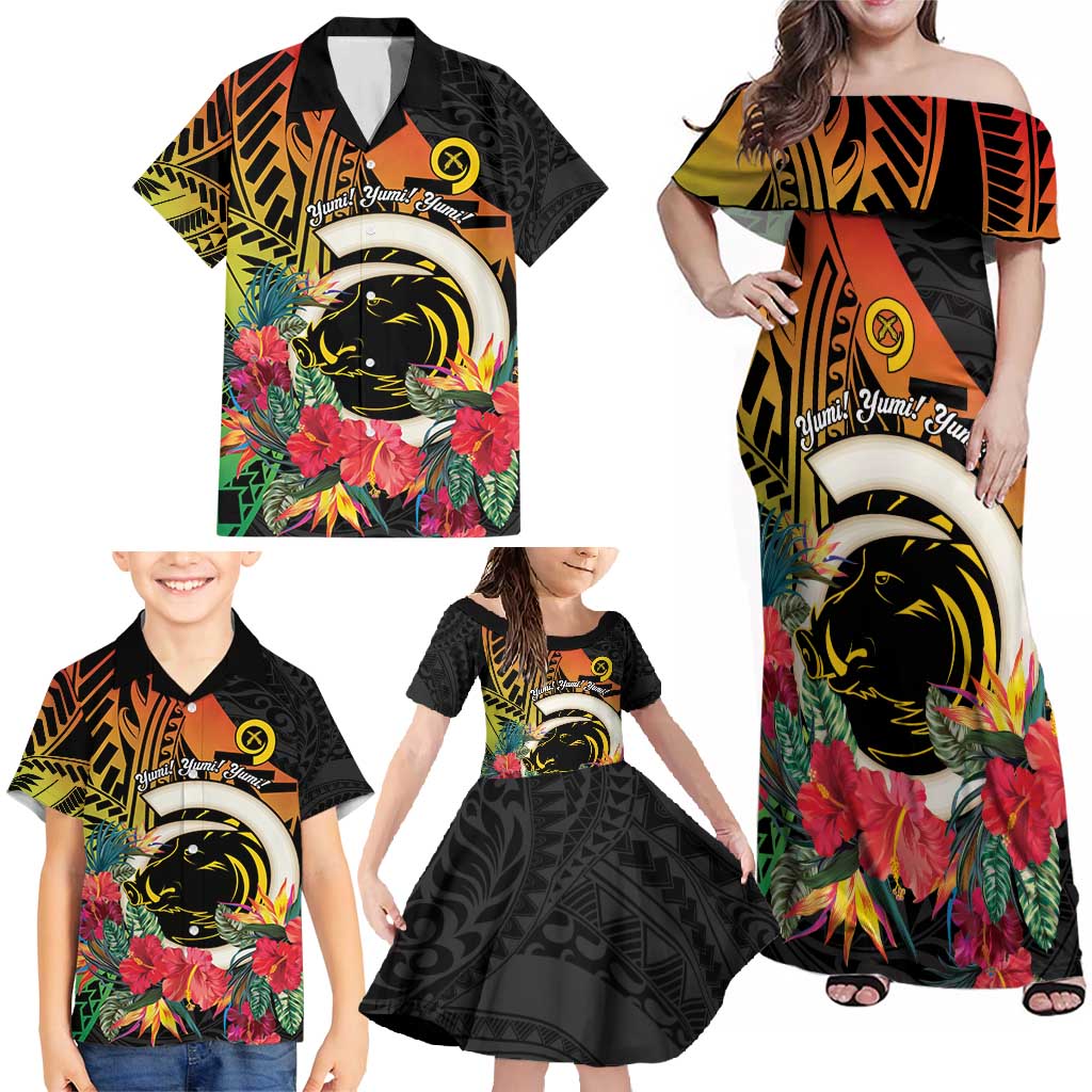 Vanuatu Boar Tusk Yumi Yumi Yumi Family Matching Off Shoulder Maxi Dress and Hawaiian Shirt Independens Dei Long God Yumi Stanap
