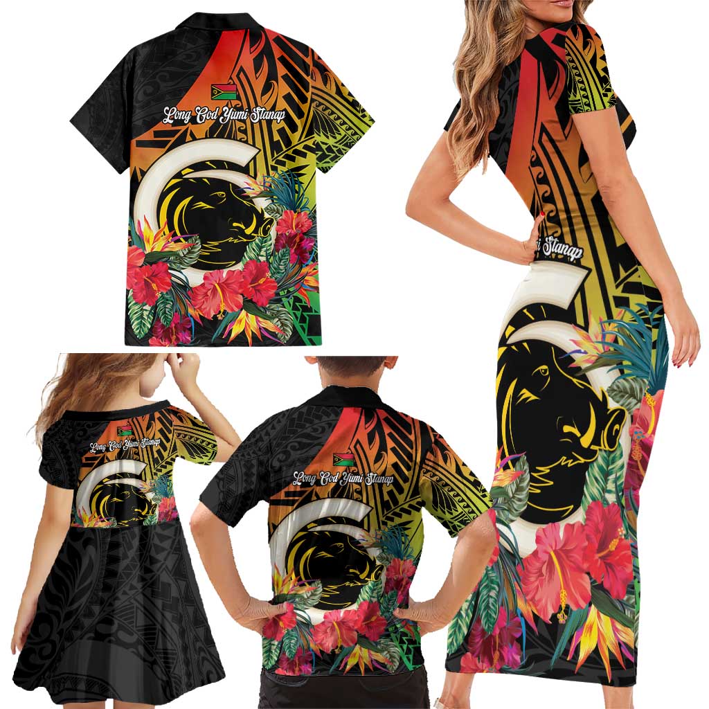 Vanuatu Boar Tusk Yumi Yumi Yumi Family Matching Short Sleeve Bodycon Dress and Hawaiian Shirt Independens Dei Long God Yumi Stanap