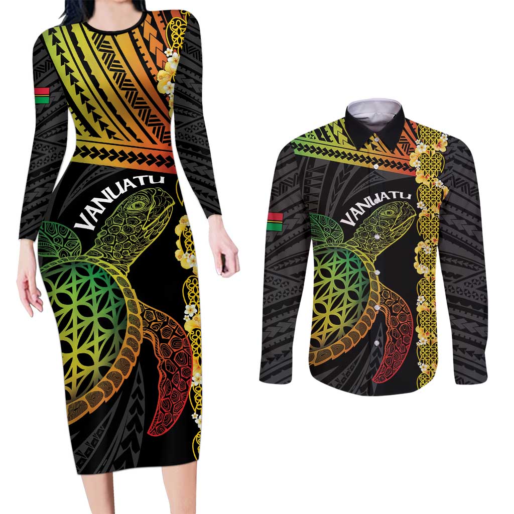 Vanuatu Sand Drawing Turtle Couples Matching Long Sleeve Bodycon Dress and Long Sleeve Button Shirt Happy Independence Day LT14 Black - Polynesian Pride