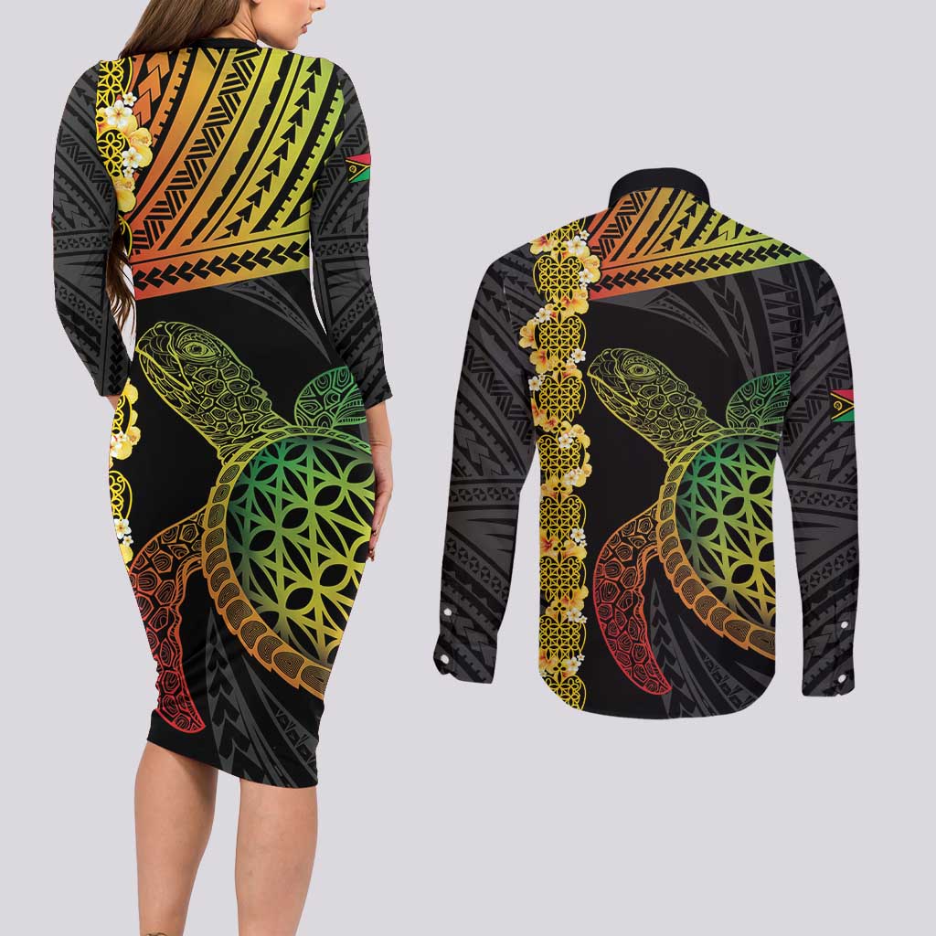 Vanuatu Sand Drawing Turtle Couples Matching Long Sleeve Bodycon Dress and Long Sleeve Button Shirt Happy Independence Day LT14 - Polynesian Pride