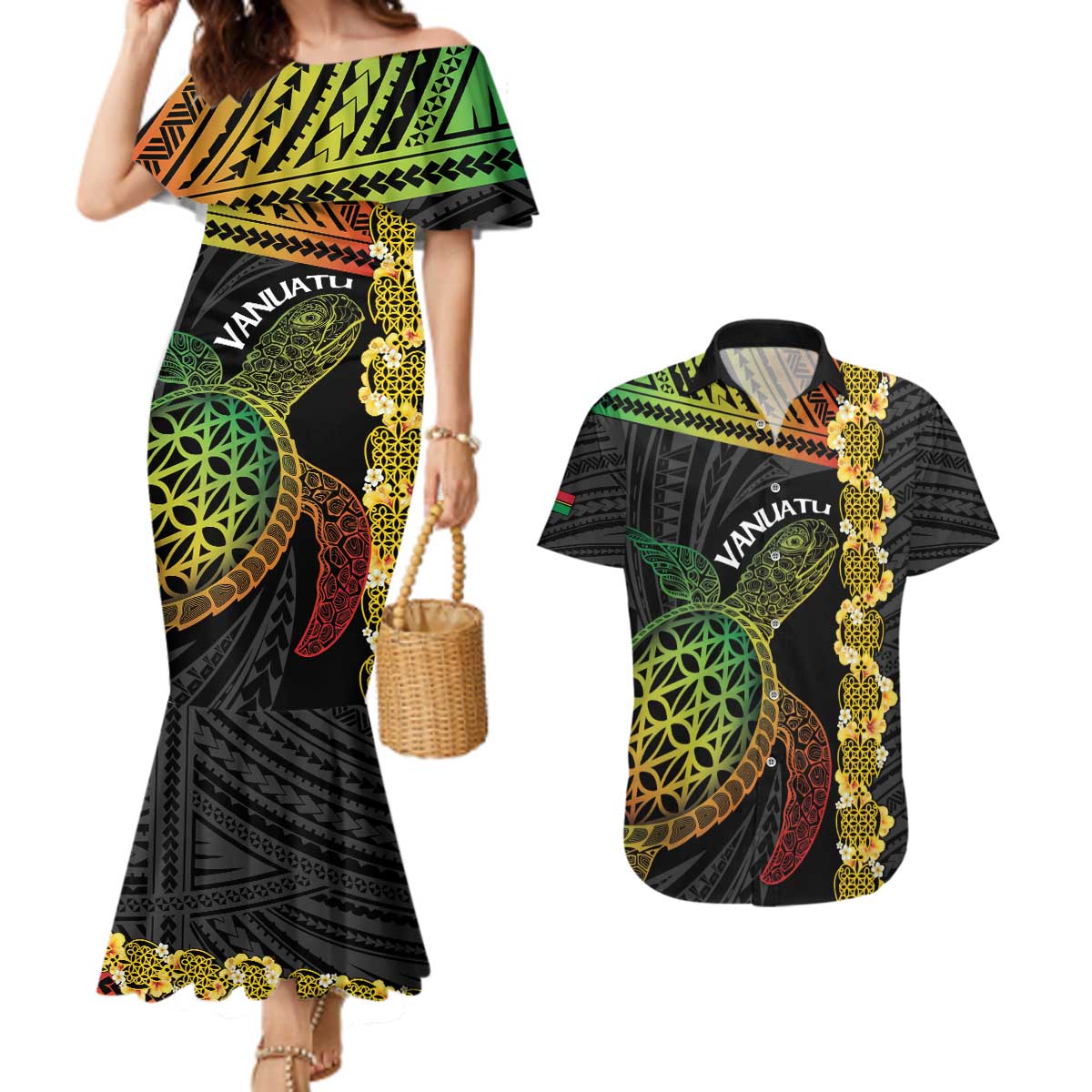 Vanuatu Sand Drawing Turtle Couples Matching Mermaid Dress and Hawaiian Shirt Happy Independence Day LT14 Black - Polynesian Pride